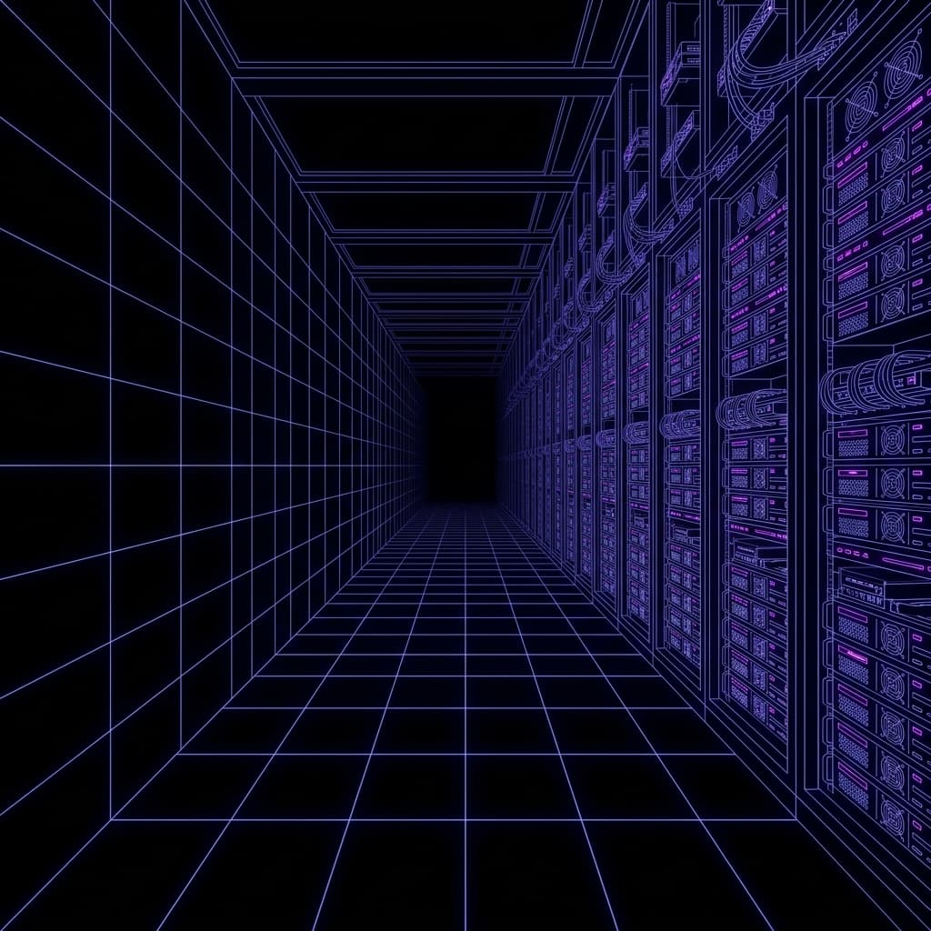 Dark GPU server racks with active status lights